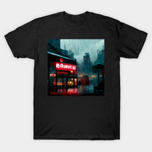 Rainy Ramen Shop - Cyberpunk Cityscape T-Shirt